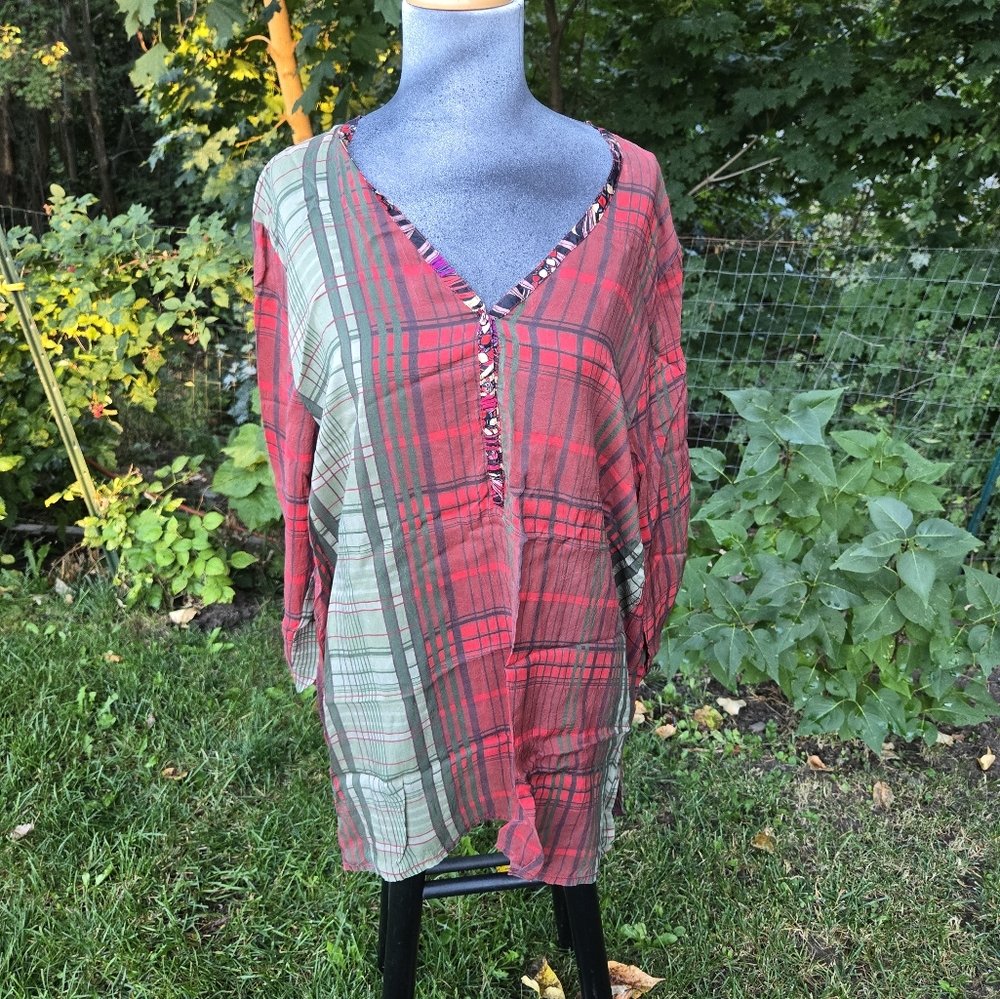 Johnny Was Plaid Green Red Tunic